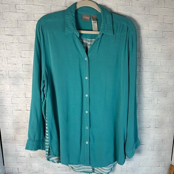 Chico’s Button Down Shirt-Tunic teal and white striped back coastal grandma - Picture 3 of 9